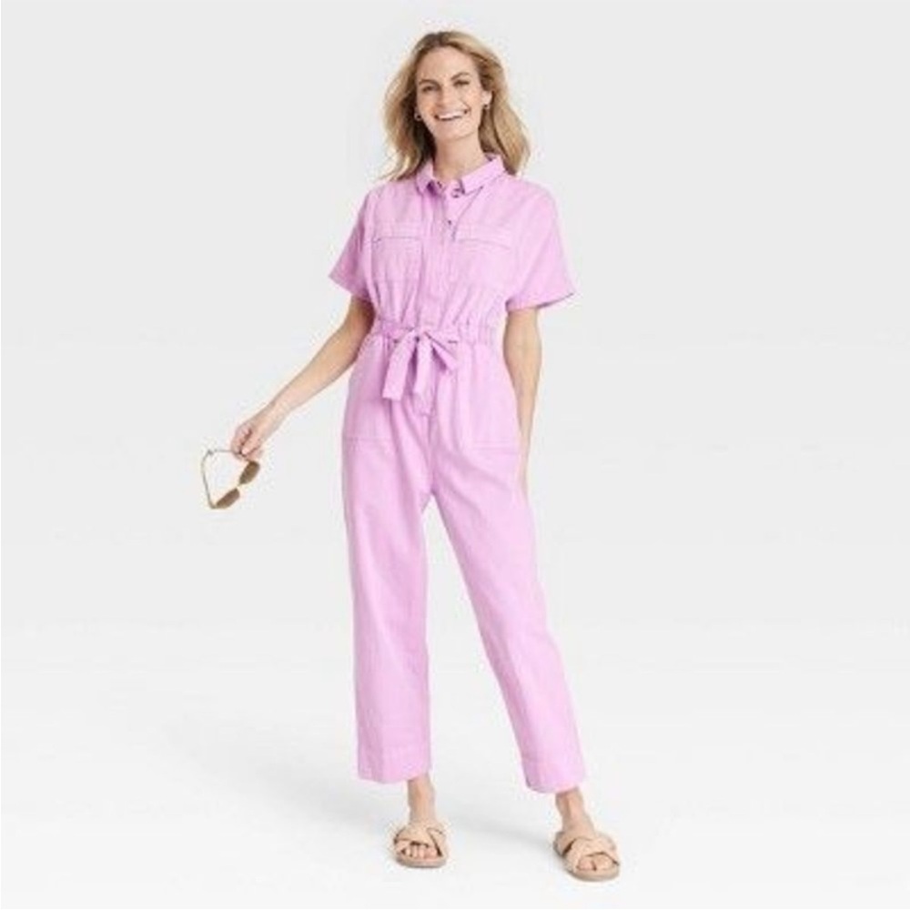 Women's Short Sleeve Button-Front Boilersuit jumpsuit- Universal Thread Pink 2